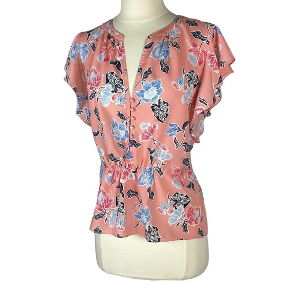 Joie Crisbell Flutter Sleeve Button Front Floral Blouse Persimmon Peach, Small - Picture 2 of 8